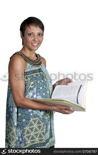 A beautiful young woman holding a manila file folder