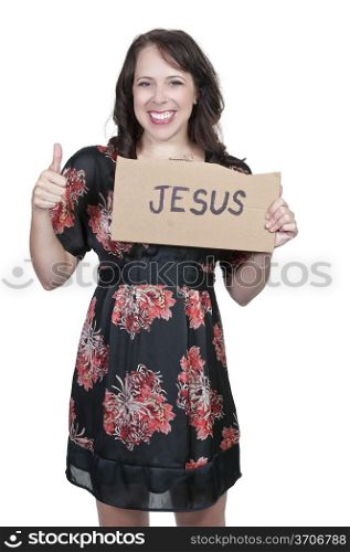 A beautiful young woman holding up a Jesus sign