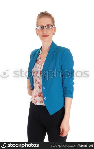 A beautiful young woman in a blue jacket and black pants with glasses,standing from front isolated for white background,