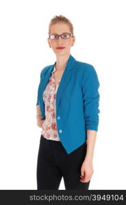 A beautiful young woman in a blue jacket and black pants with glasses,standing from front isolated for white background,