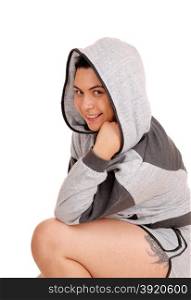 A beautiful young woman in a portrait picture in a gray hoodie, isolatedfor white background.
