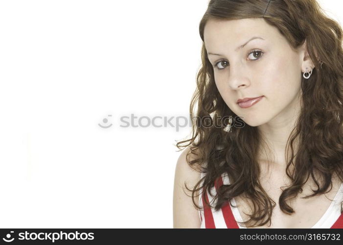 A beautiful young woman in a red and white stripey top