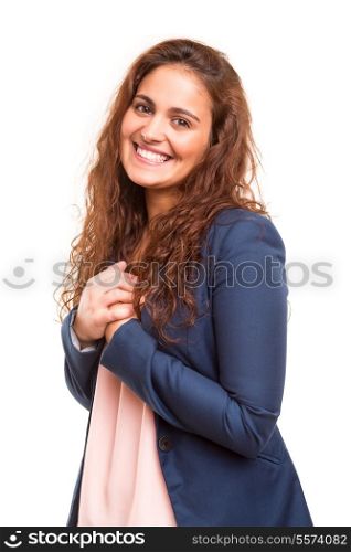 A beautiful young woman in love, isolated over a white background