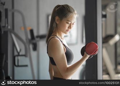 A beautiful young woman in sportswear exercising with dumbbells at the gym, concept of healthy lifestyle, sports, training, wellness, and sport. Beautiful young woman in sportswear exercising with dumbbells at the gym, concept of healthy lifestyle, sports, training, wellness, and sport