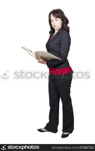 A beautiful young woman lawyer in a business suit holding a manila file folder