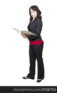A beautiful young woman lawyer in a business suit holding a manila file folder