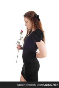 A beautiful young woman standing in profile in a black dress holdinga red rose in her hand with eyes closed, isolated for white background