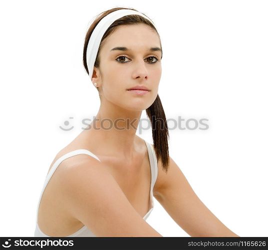a beautiful young woman with white headband in hair