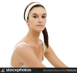 a beautiful young woman with white headband in hair