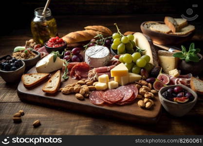A beautifully arranged charcuterie board with an assortment of cheeses, cured meats, olives, and artisanal bread, set against a rustic wooden background. Generative AI.