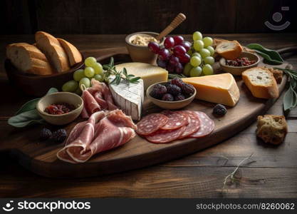 A beautifully arranged charcuterie board with an assortment of cheeses, cured meats, olives, and artisanal bread, set against a rustic wooden background. Generative AI.