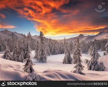 A Beautyful majestic sunset in the winter mountains landscape.