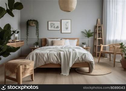 A bedroom with a Scandinavian look and wooden furniture in light colours created with generative AI technology