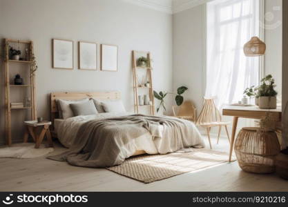 A bedroom with a Scandinavian look and wooden furniture in light colours created with generative AI technology