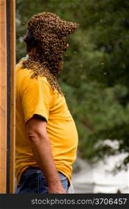 A bee keeper covered in a swarm of honey bees.