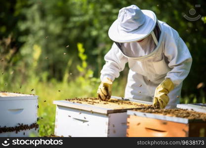 A beekeeper at work with bees and honey