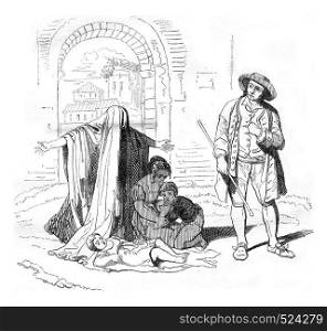 A Beggar, by Pinelli, vintage engraved illustration. Magasin Pittoresque 1846.