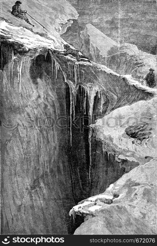 A bergschrund the Dent Blanche, vintage engraved illustration. Le Tour du Monde, Travel Journal, (1872).