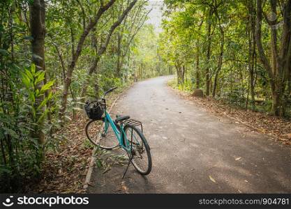 A bicycle parking on the empty paved road of bike lane. Summer green foliage in the tropical forest. Eco tourism in Sri Nakhon Khuean Khan Park, Bang Krachao, Thailand.