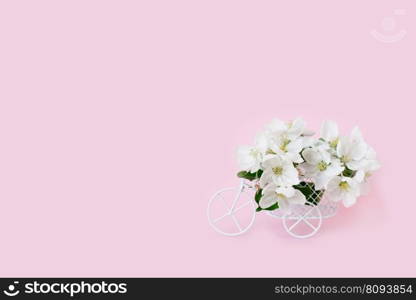 A bicycle toy with white flowers on a pink background. The concept of celebration, banner. Copy space. The beginning of spring and the holiday