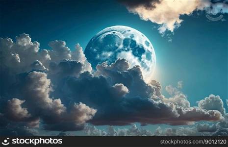 A big full moon behind dramatic clouds in night sky. Abstract background of big full moon, night sky and clouds. Generative AI.