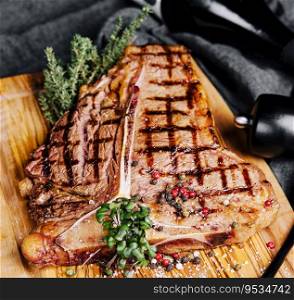 A big grilled steak on a wooden plate