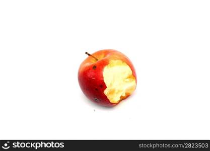 A big red apple with one bite taken. Image isolated on white background.