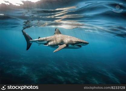 A big shark in the shallow water of the ocean created with generative AI technology