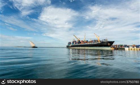 A big ship anchored near the shores of Zanzibar, Tanzania