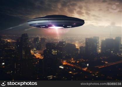 A big UFO above a modern city in the sky created with generative AI technology