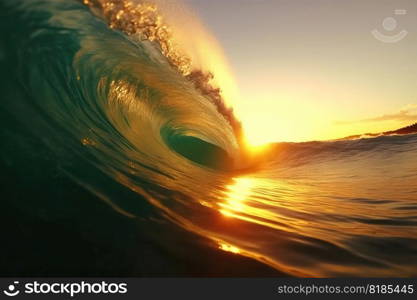 A big wave looking into the wave tunnel during sunset created with generative AI technology