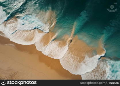 A bird&rsquo;s eye view of an idyllic beach and crystal-clear ocean creates a peaceful, top-down panorama of a tropical paradise, perfect for escape and recreation. AI Generative.