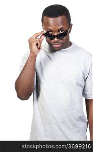 A black african american man wearing a pair of sun glasses