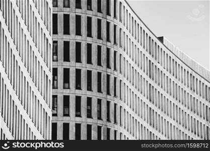 A black and white symmetrical building with copy space and professional and minimalistic look