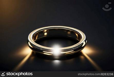 A black background with a light beaming in the middle of the ring and a shiny gold ring on it. Generative AI.