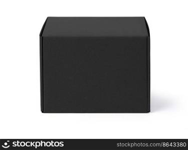 A black cardboard box isolated on a white background with a cropped outline. Suitable for food, cosmetic or medical packaging.