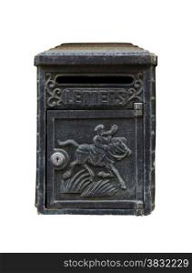 A black cast iron letterbox isolated on white with an engraving of a horse and knight and the word LETTERS.