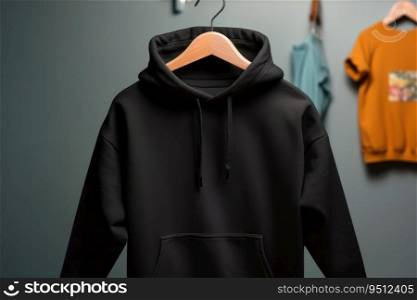 A black children’s sweatshirt with a hood and a pocket hangs in the children’s room. Place for text. A black children’s sweatshirt with a hood and a pocket hangs in the children’s room