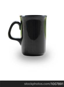 A black coffee cup on a white background.