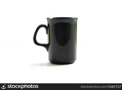 A black coffee cup on a white background.