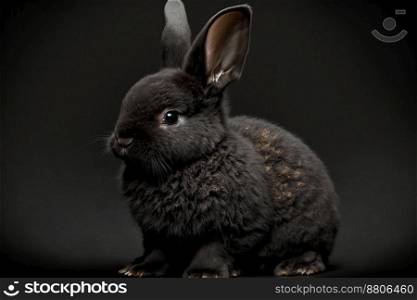 A black Dwarf domesticated rabbit with upright ears sitting on a black background