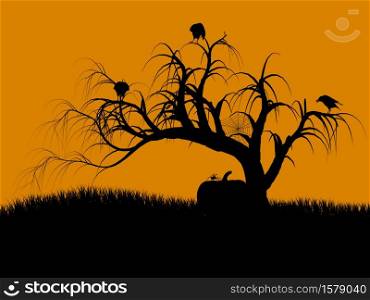 A black halloween illustration silhouette on an orange background