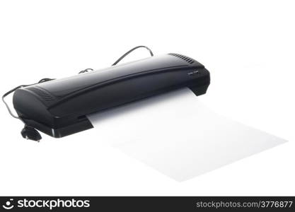 a black laminator whit plastic sheet on white background