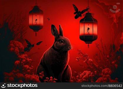 A black rabbit in a traditional red asian