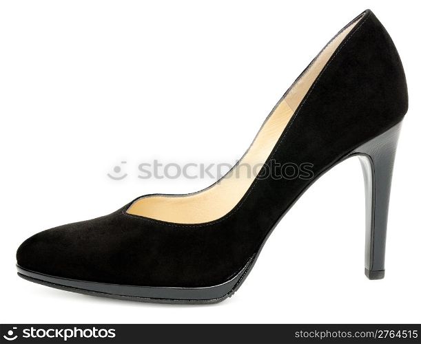 a black suede ladies shoe on a spike heel, isolated