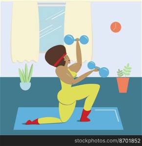 A black woman does sports, pulls dumbbells. An African-American woman with dumbbells in her hands is engaged in sports.Sports at home.The positivity of the body.illustration in flat style. African woman with dumbbells in her hands is engaged in sports