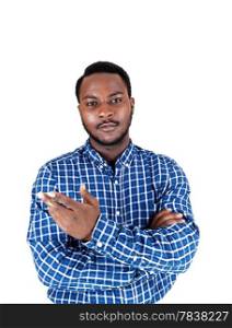 A black young man standing isolated for white background showing with his hand and looking into the camera.