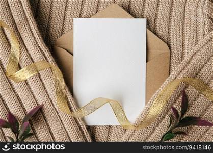 A blank card is placed on envelope and a sweater