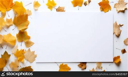 A blank sheet of paper delicately rests on a bed of vibrant autumn leaves, presenting a seamless fusion of nature and artistic minimalism. The soothing colors and simple design create a sense of serenity and allow you to appreciate the beauty of the changing seasons. Immerse yourself in the meditative allure of this minimalist background, where nature"s canvas meets the elegance of blank paper.