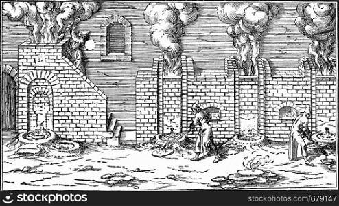 A blast furnace in the seventeenth century, vintage engraved illustration. From the Universe and Humanity, 1910.